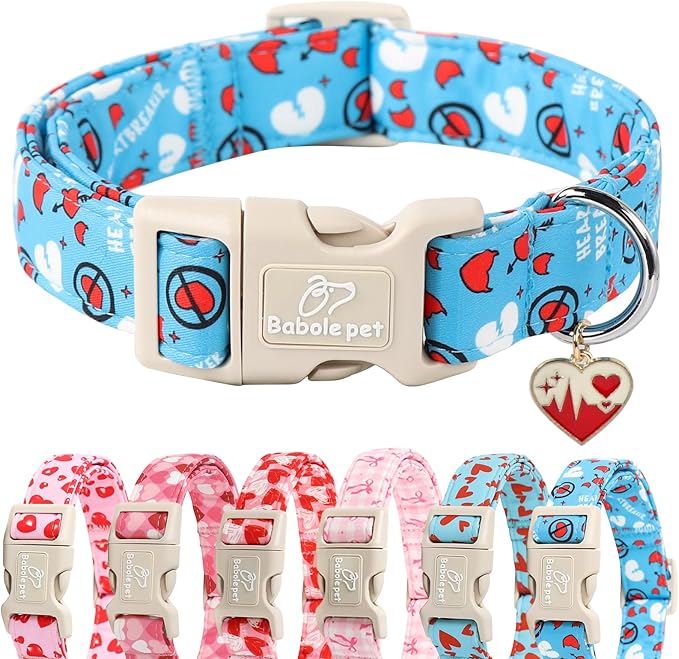 Valentines Dog Collar, Blue Heart Dog Collar, Cute Loving Heart Printed Collar with Quick Release Plastic Buckle for Boys&Girls Dogs, Small