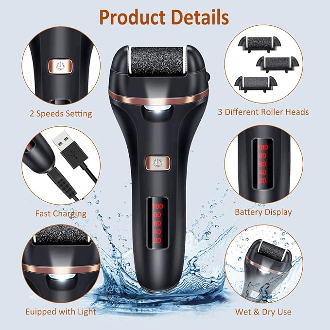 Electric Callus Remover for Feet,Rechargeable Foot File Hard Skin Remover,Waterproof 14 in1 Professional Pedicure Kit for Cracked Heels &Dead Skin,with 3 Roller Heads 2 Speed, Battery Display