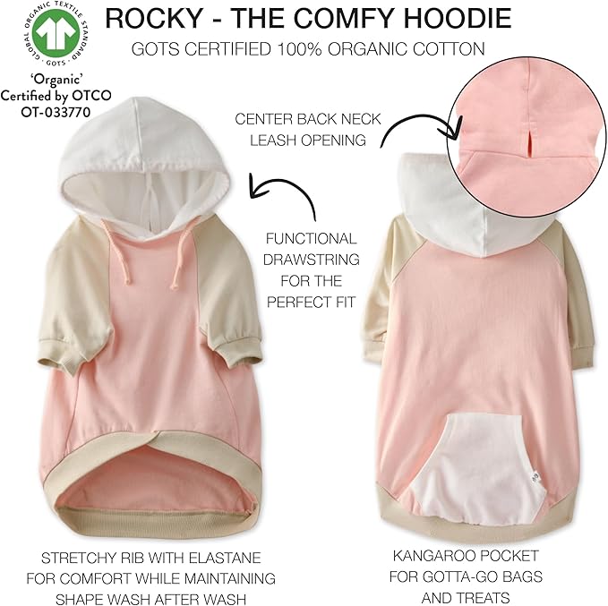 Rocky – The Orginal Lightweight Hooded TEE 100% Organic Cotton Dog Hoodie Pet Coat Sweater for Small, Medium, Large Dogs, Pink Color Block, X-Large