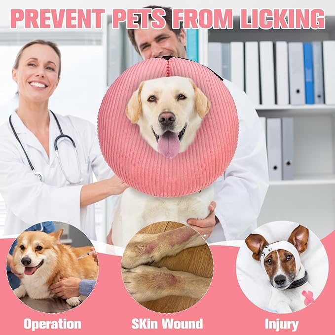 BINGPET Inflatable Dog Cone Collar Alternative After Surgery,Soft Recovery Cone for Dogs to Stop Licking,Protective Neck Donut E Collar Adjustable for Small Medium Large Dogs & Cats(Pink,XL)
