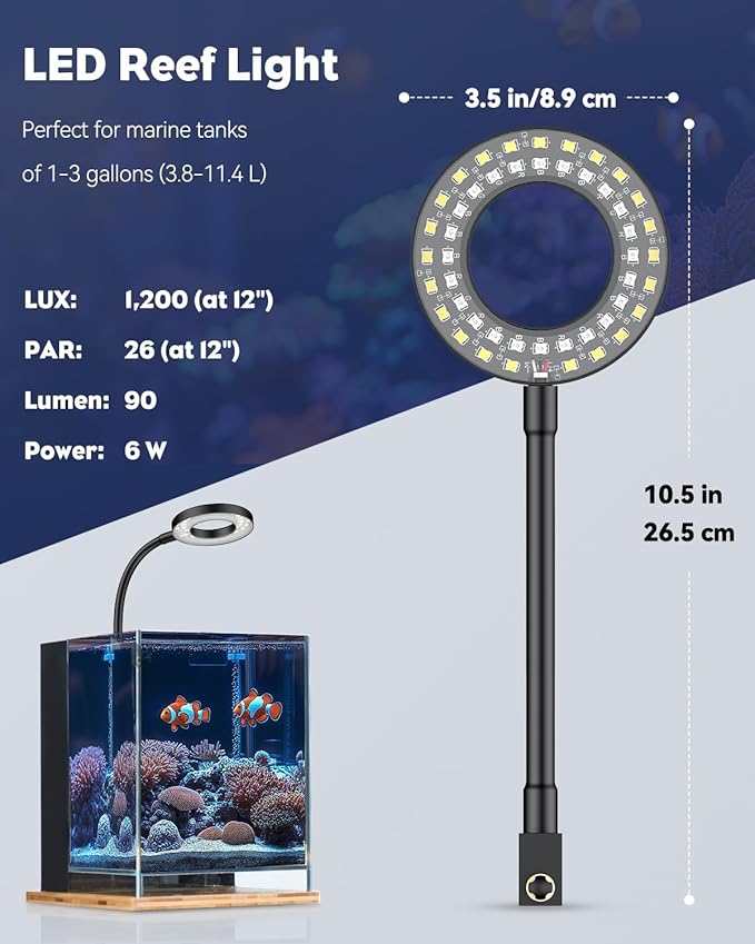 Pawfly Aquarium Light for 1-3 Gallon Saltwater Fish Tanks, Clip On LED Reef Light for Corals, Dimmable USB Aquarium Lamp with Full Spectrum Lighting and Timer (Adapter Not Included)