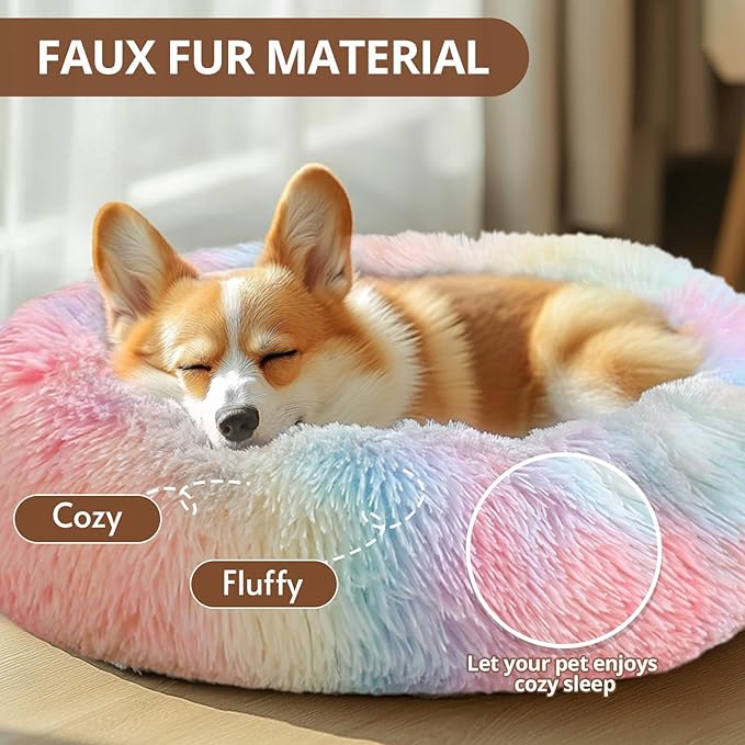 JOLLYVOGUE Calming Dog & Cat Bed for Small Dogs, Anti-Anxiety Donut Cuddler Cozy Soft Round Bed with Anti-Slip Bottom, Fluffy Faux Fur Plush Cushion Beds for Small Medium Dogs, 23"/Rainbow