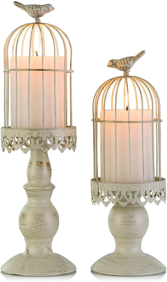 Birdcage Candle Holder Decorative Bird Cages for Weddings Vintage Candlestick Holders Wedding Candle Centerpieces for Tables Iron Candleholder Set Home Decor Distressed Ivory