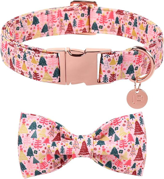 Christmas Dog Collar with Bow Tie, Pink Christmas Tree Collars for Dogs, Adjustable Pet Collar with Cute Xmas Tree Pendant, Winter Dog Accessories for Small Medium Large Dogs S