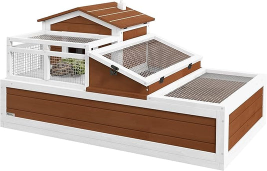 PawHut 3- Room Tortoise House Habitat with Balcony & 2 Stories, Indoor/Outdoor Wooden Tortoise Enclosure with Ladder, Tray, Openable Roof, Large Reptile Cage, 44" x 25. 5" x 23", Coffee