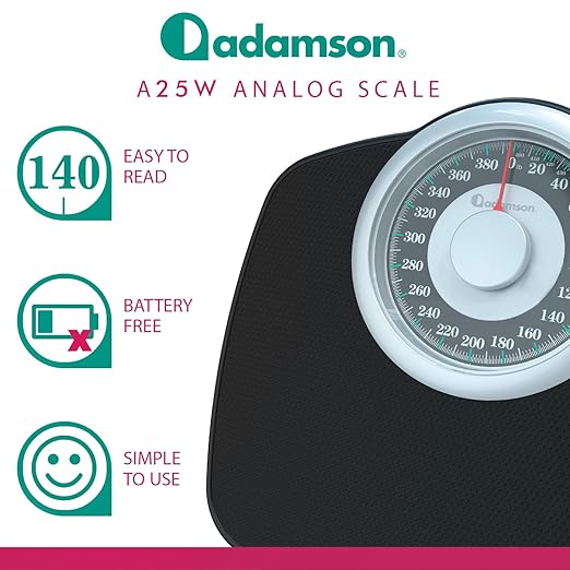 Adamson A25T Scales for Body Weight - Up to 400 LB - 5.3" Dial on 12.4" x 10.2" Platform - Anti-Skid Rubber Surface - High Precision Bathroom Scale Analog - Durable with 20-Year Assurance