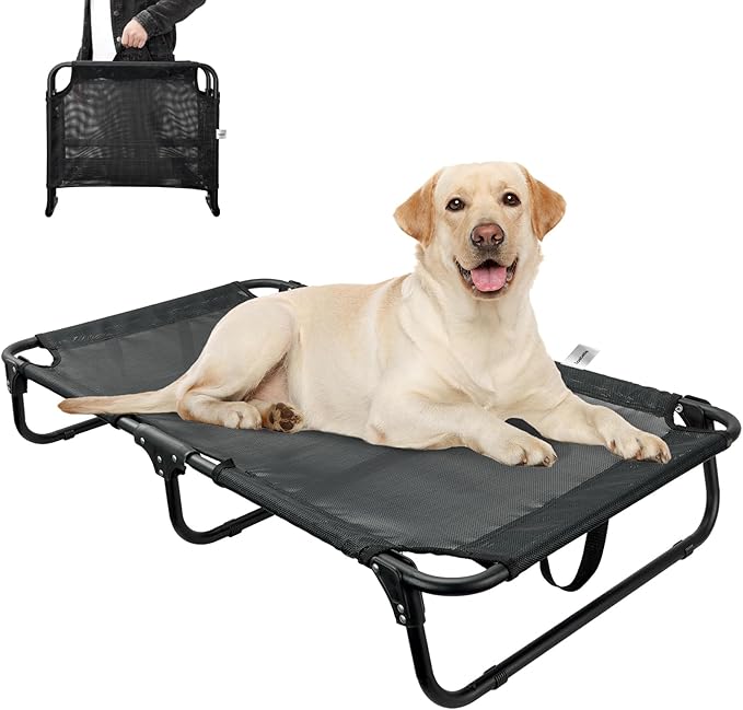 Elevated Dog Bed Large Sized Dog Cots Beds for Large Dogs Foldable Raised Dogs Beds Outdoor Cooling Chew-Proof, No Assembly Need, Black
