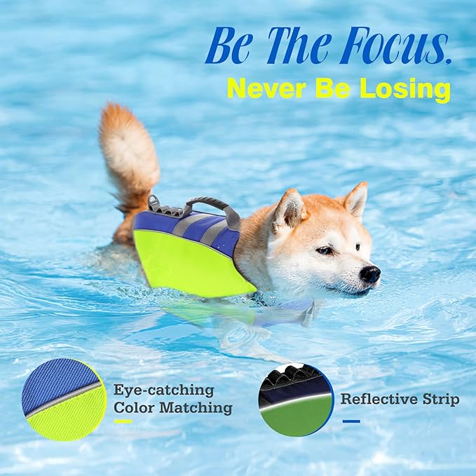 Pawaboo Reflective Dog Life Jacket, Dog Safety Vest Adjustable Pet Life Preserver with Strong Buoyancy & Sturdy Rescue Handle, Dogs Lifesaver Vests for Boating, Swimming, L, Bright Yellow