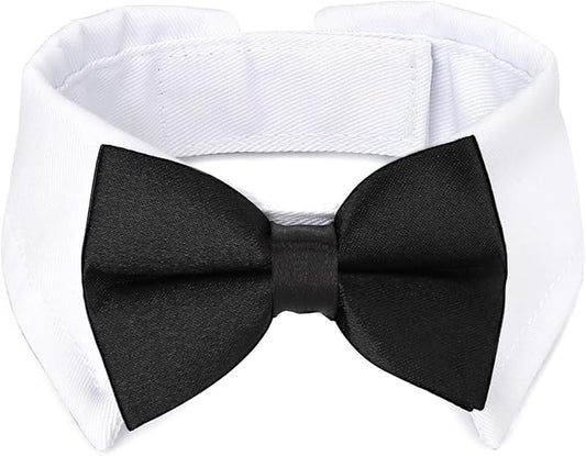 Segarty Black Bow Tie Dog Collar for Neck Girths 10.2-12.6 in, Tux Bowtie with Handcrafted Adjustable White Collar Formal Pet Cats Puppies Necktie for Wedding Birthday Party