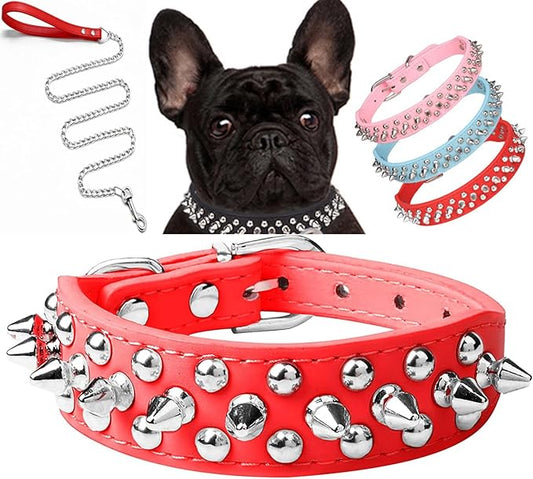 Spiked Dog Collar Soft Pu Leather Mushrooms Rivet Spike Studded Puppy Adjustable Pet Collars for Small Breeds (M, Red Set)
