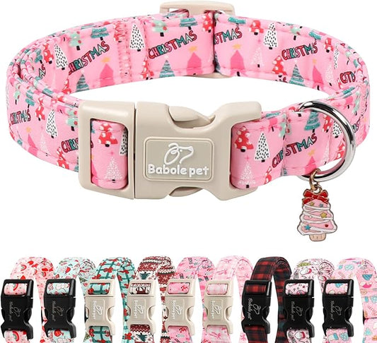 Christmas Dog Collar for Large Dogs - Cute Xmas Tree Print Pink Christmas Collars for Dogs, Soft Adjustable Winter Holiday Dog Collars with Quick Release Buckle L