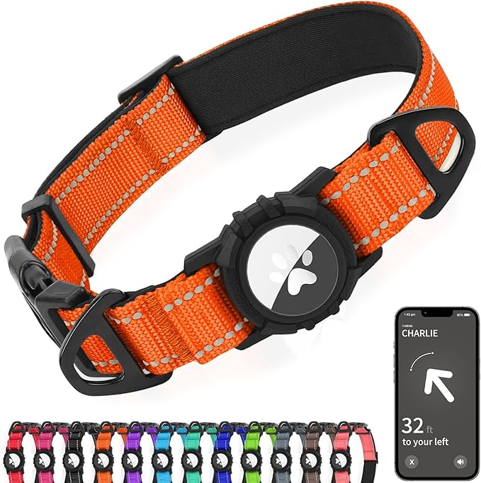 Joytale Airtag Dog Collar, Reflective Pet Collar with Waterproof AirTag Holder, Dual D-Rings, Soft Padded Adjustable for Medium Dogs, Orange, M