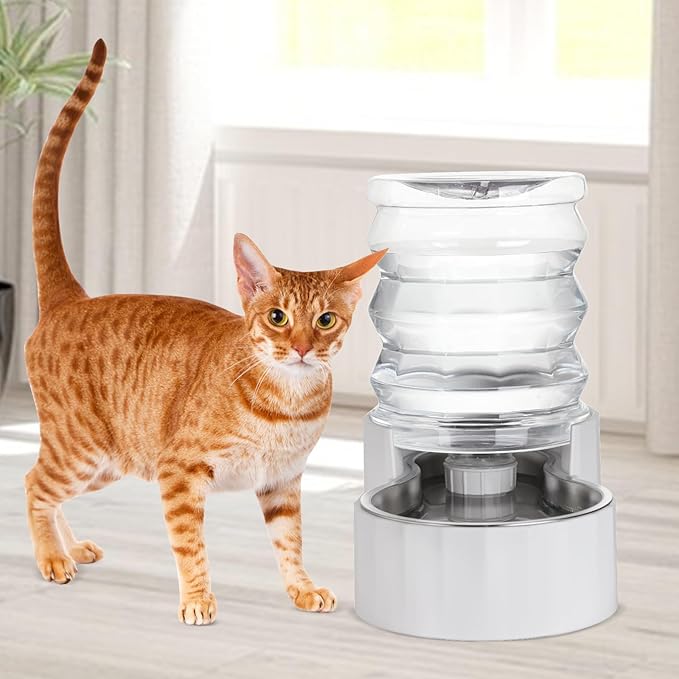 RIZZARI Gravity Water Bowl Dispenser: 4L Automatic Stainless Steel Water Feeder Without Filter - White Pet Waterer for Senior Dogs with Spine Problems - in Bedroom Garden