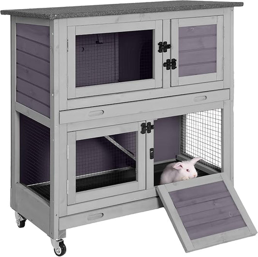 Rabbit Hutch Indoor, 36'' Bunny Hutch Outdoor, Mobile Rabbit Cage with Wheels, 2-Story Bunny Cage with 2 Pull Out Trays, Wooden Guinea Pig Cage (Grey)