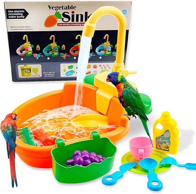 Parrot Bath Shower, Bird Bath for Cage, Automatic Bird Bathtub Pet Bath Pool with Faucet, Bird Fountain Swimming Pool Toy Bath Shower Water Dispenser for Ferret, Love Bird, Goldfinch (Orange)