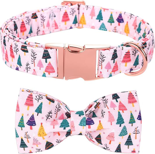 Christmas Dog Collar, Pink Christmas Tree Soft Comfortable Collars with Bow Adjustable Pet Collar with Premium Metal Buckle Puppy Necklace for Small Girl Dogs
