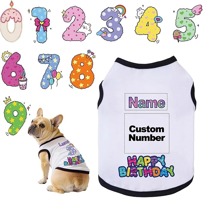 Custom Dog Birthday Shirt,Personalized Pet Apparel Print with Name Age Number,Pet Birthday Outfit,Lightweight Breathable Cotton Vest for Small Medium Large Dogs Cat (White + Black Border, XX-Large)