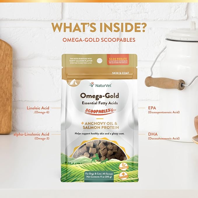 NaturVet Scoopables Omega-Gold Anchovy Oil & Salmon Supplement For Dogs and Cats - Supports Healthy Skin & Coat Plus DHA, EPA, Omega-3, & Omega-6 - Anchovy & Salmon Flavored For Dog and Cat | 11oz Bag