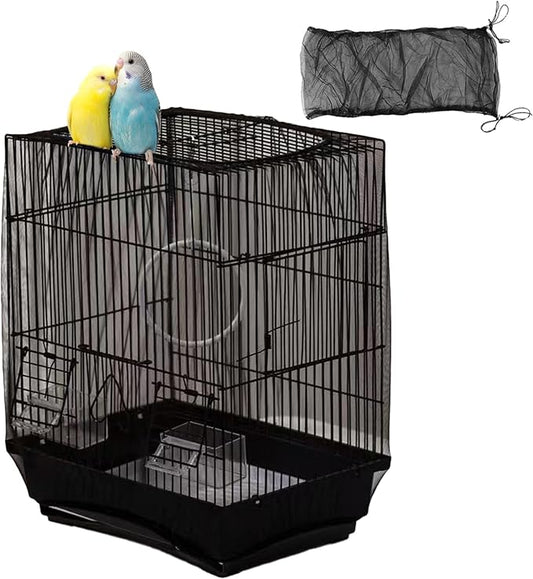 Bird Cage Cover, Parakeet Cage Acessories Adjustable Seed Catcher Birdcage Seed Catcher Birds Cage Netting Bird Cage Mesh Cover for Bird Cages (Black)