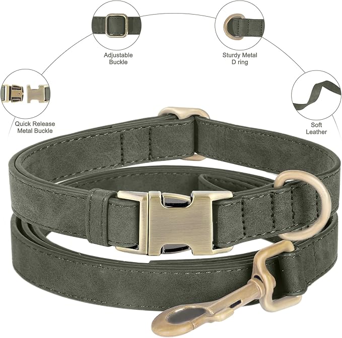 Genuine Leather Dog Collar - Adjustable Pet Collar with Quick Release Metal Buckle, Soft Skin Friendly Real Leather Collar for Small, Medium, Large Dogs (Dark Green Collar + Rope, S：Fit 8-16" Neck)