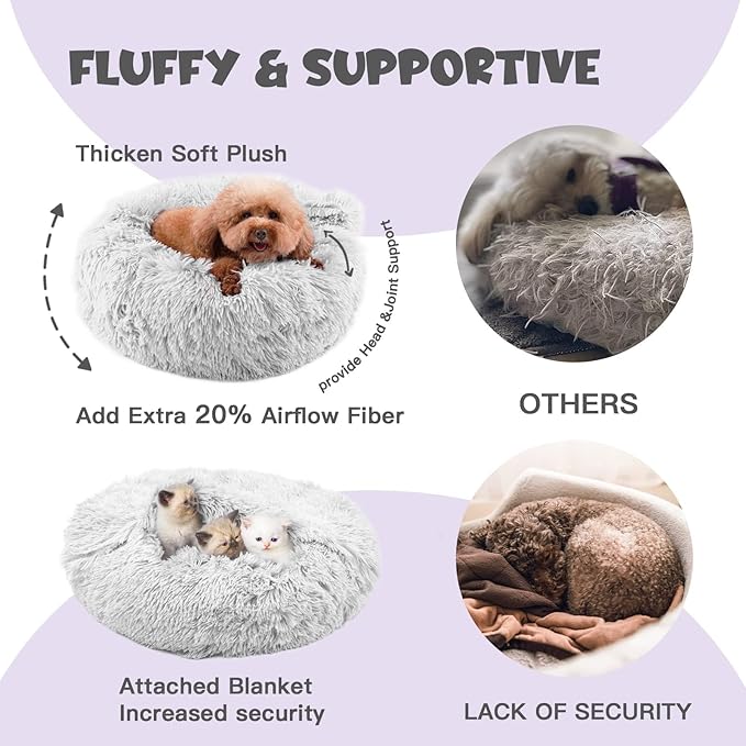 Himax Donut Dog Beds for Large Dogs with Blanket, Cozy Soft Fluffy Round Dogs Beds, Calming Dog Bed Washable (20"/26"/35") Light Grey