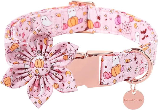 Halloween Dog Collar With Flower, Pink Puppy Collar With Adjustable Metal Buckle, Fancy Bowtie Gift for Girl Boy Dog, M