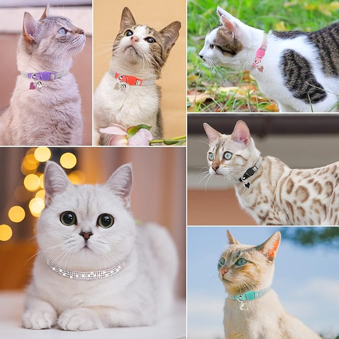 Rhinestone Cat Collar Breakaway with Bell, Diamond Cat Collar with Safety Buckle Quick Release for Girl Boy Small Kitten Pets Puppy,Cute Soft Female Male Cat Collars,Color Pink & Black 8-12"