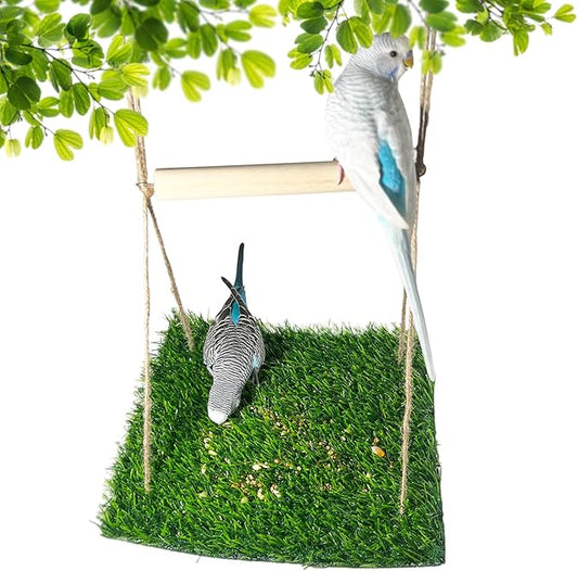 FlidRunest Bird Swing Mat with Wood Perch, Lawn Swing Hammock for Parrot, Simulated Grass Bird Swing Mat Hanging Climbing Hammock for Parakeet, Budgie, Conure, Cockatiel, Lovebird, Canary