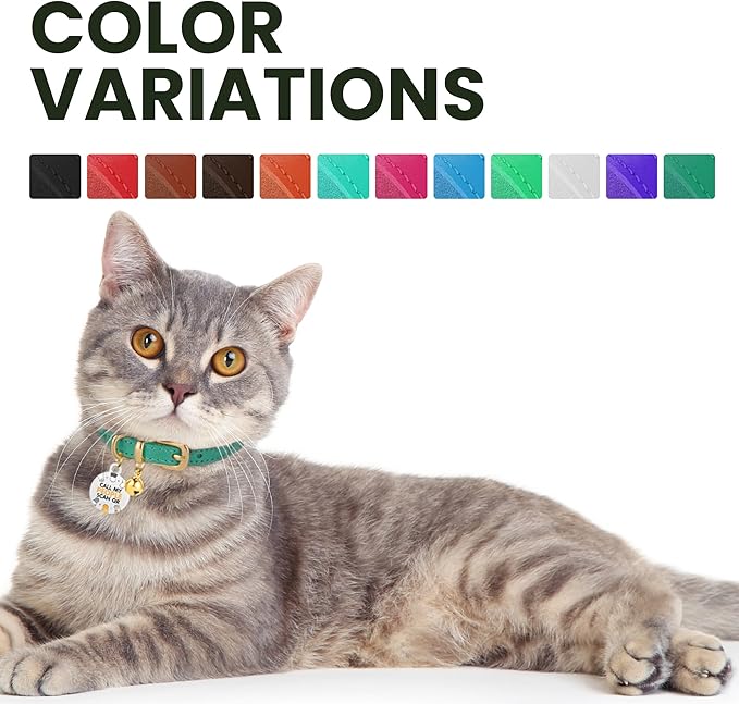 BRONZEDOG Leather Cat Collar with Removable Bells Non Breakaway Kitten QR Tag for Girl Boy (7" - 9" for Cats, Black & Gold) (Pack of 2)
