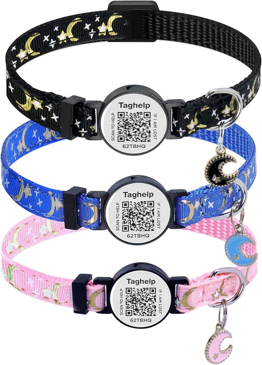 3-Pack Smart ID Cat Collar with Name Tag, Breakaway Adjustable Kitten Collars - QR Code Profile & Star Moon Safety Collars, Multi-Color Set (Black/Blue/Pink) | TagHelp