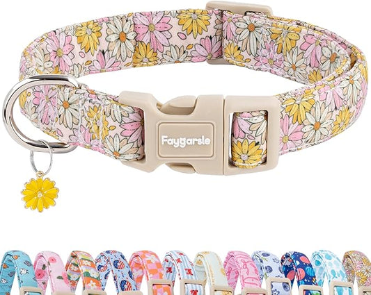 Faygarsle Floral Girl Dog Collar, Cotton Fabric with Daisies Pattern, Pink and Yellow Summer Spring Design for Small Medium Large Dogs S