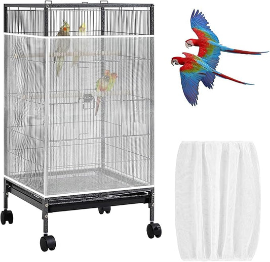 Universal Bird Cage Seed Catcher Net, White Adjustable Birdcage Mesh Cover, Stretchy Band Skirts Bird Cage Net for Parrot Cages Stops Scatter, Breathable & Reusable