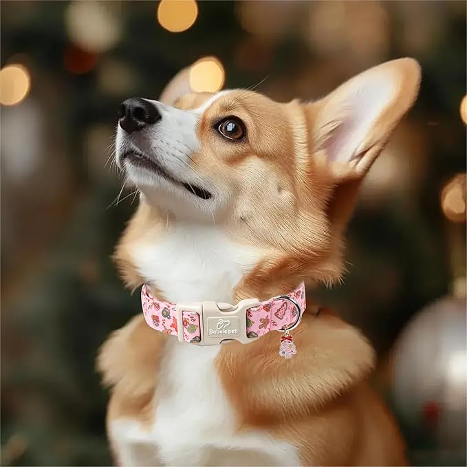 Christmas Dog Collar - Cute Pink Cozy Christmas Puppy Collar with Safety Buckle, Soft Adjustable Holiday Dog Collars for Small Medium Large Dogs M