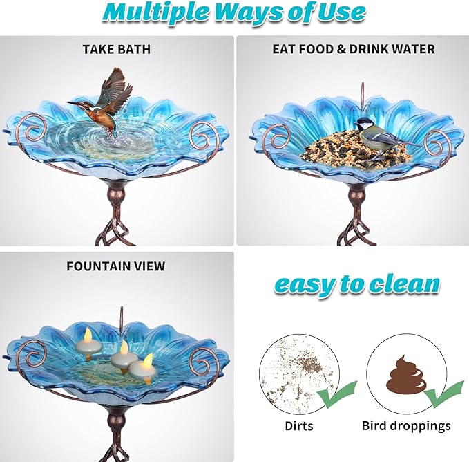 MUMTOP Bird Baths for Outdoors, Outdoor Bird Bath,Glass Birdbath Sunflower Bird Feeders Bowl with Stake for Garden Yard Decor (Blue)