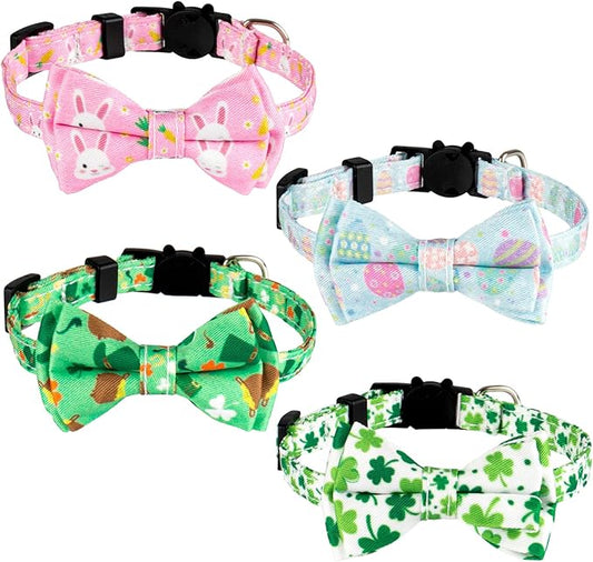 Whaline 4 Pack St. Patrick's Day Easter Cat Collar with Bowknot and Bell Shamrock Bunny Rabbit Egg Pattern Safety Breakaway Adjustable Pet Collars for Cat Kitten Puppy