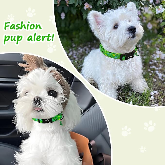 Dinosaur Dog Collar，Green with Multicolor Dino Pattern Handmade Cotton Collar for Small Medium Large Dogs, Adjustable & Comfortable Puppy Collar for Daily Walks, Park Adventures or Photos-XS