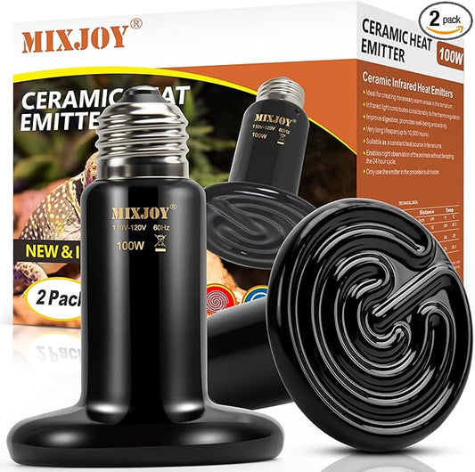 MIXJOY 100W Reptile Heat Lamp 2Pack Ceramic Heat Emitters Reptile Heat Lamp Bulbs, No Light Emitting Ceramic Heat Bulbs for Amphibian Terrarium Gecko Lizard Bearded Dragon Turtle Chicken Snake
