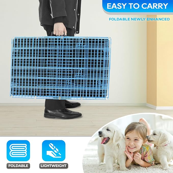FDW Dog Crate for Small Dogs 18 Inch Folding Metal Wire Pet Cage Single Door W/Divider Panel Indoor Outdoor Kennel Leak-Proof Plastic Tray,Blue