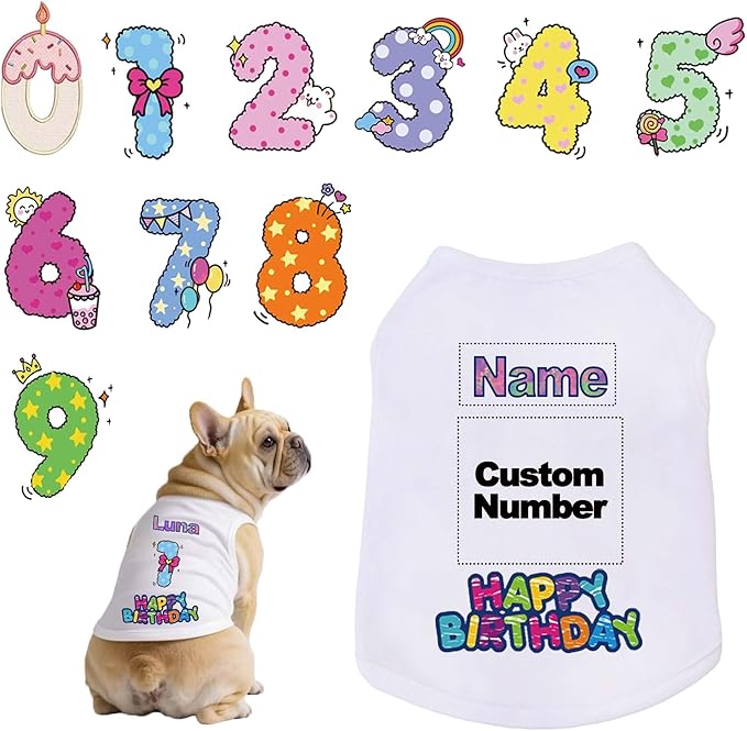 Custom Dog Birthday Shirt,Personalized Pet Apparel Print with Name Age Number,Pet Birthday Outfit,Lightweight Breathable Cotton Vest for Small Medium Large Dogs Cat (White, 4X-Large)