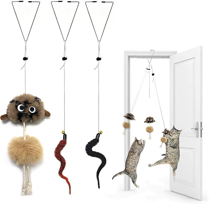 Cat Toys for Indoor Cats,Interactive Door Hanging Cat Toys Attached with Catnip/Feathers/Birds/Worm Toys for Cats/Kitten Toys(3 Pack)