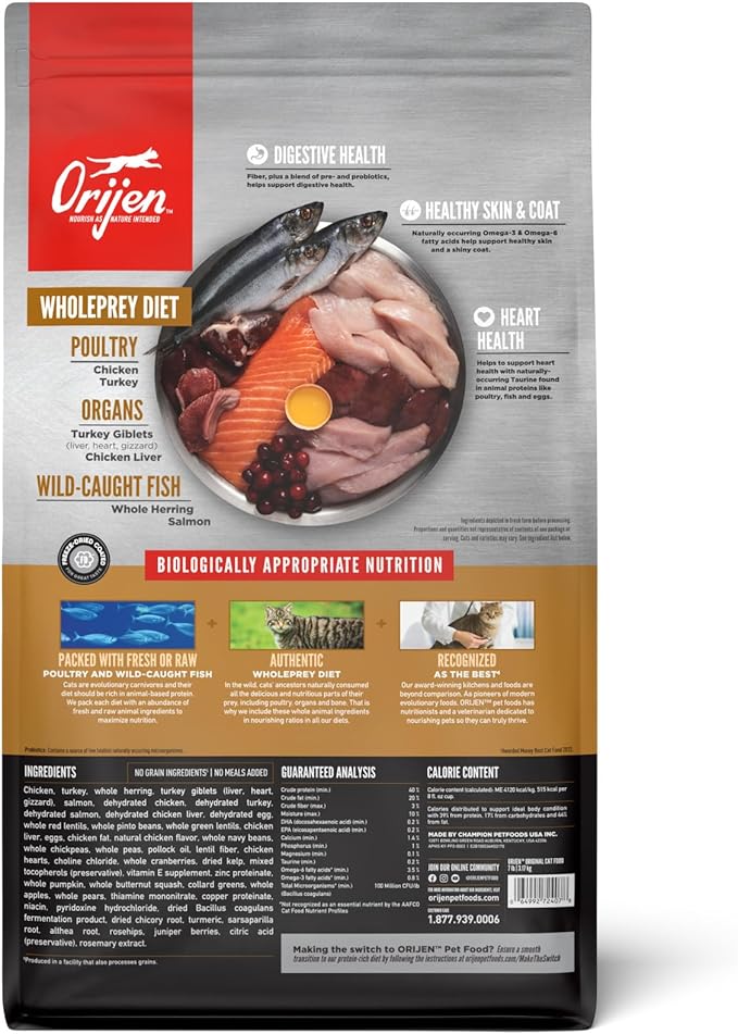 ORIJEN Grain Free High Protein Premium Dry Cat Food Original Recipe 7lb Bag