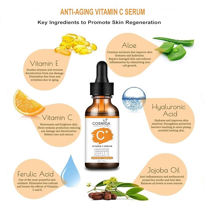 Vitamin C Serum for face with Hyaluronic Acid, Collagen Anti Aging Serum for Glow,Dark Spots,Acne,Wrinkle & Fine Lines,Korean Skincare Brightening Serum with Ferulic Acid Fragrance free 1fl.oz