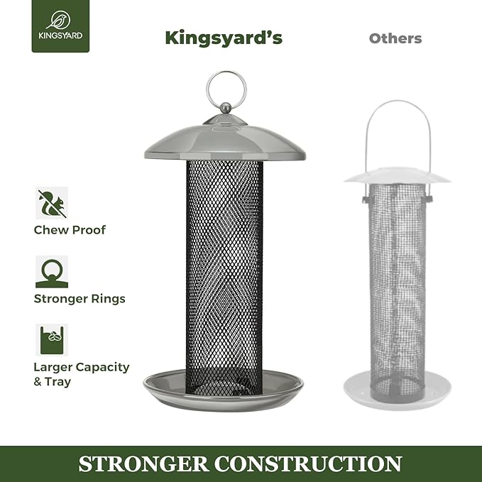 Kingsyard Finch Feeders for Outdoors Hanging, Metal Mesh Tube Bird Feeder for Nyjer/Thistle Seed, 2.5 lbs Large Capacity (Grey)