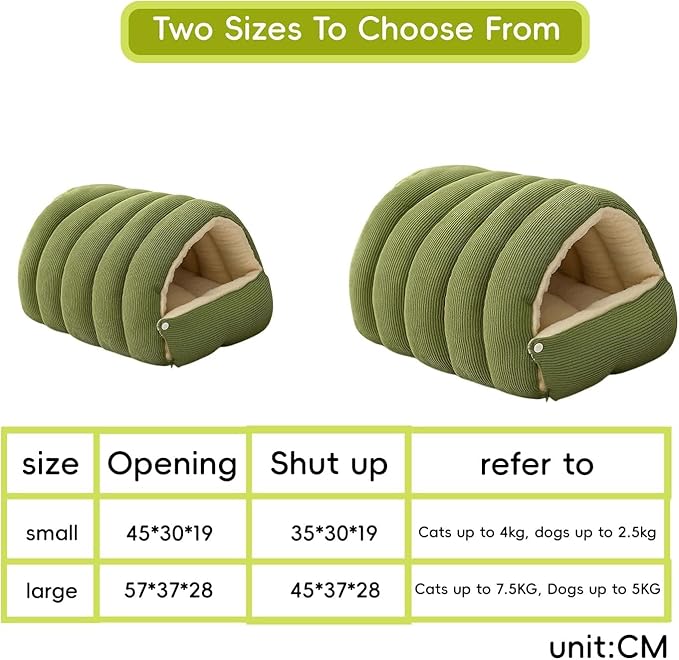 Removable and Washable Winter Closed-Off Cat Bed, Cat Winter Cave, Cute Cat Beds for Indoor Cats, Disassembled Design for Easier Cleaning, with Hair Remover (Green+Beige, 22.4 * 14.6 * 11.0 in)