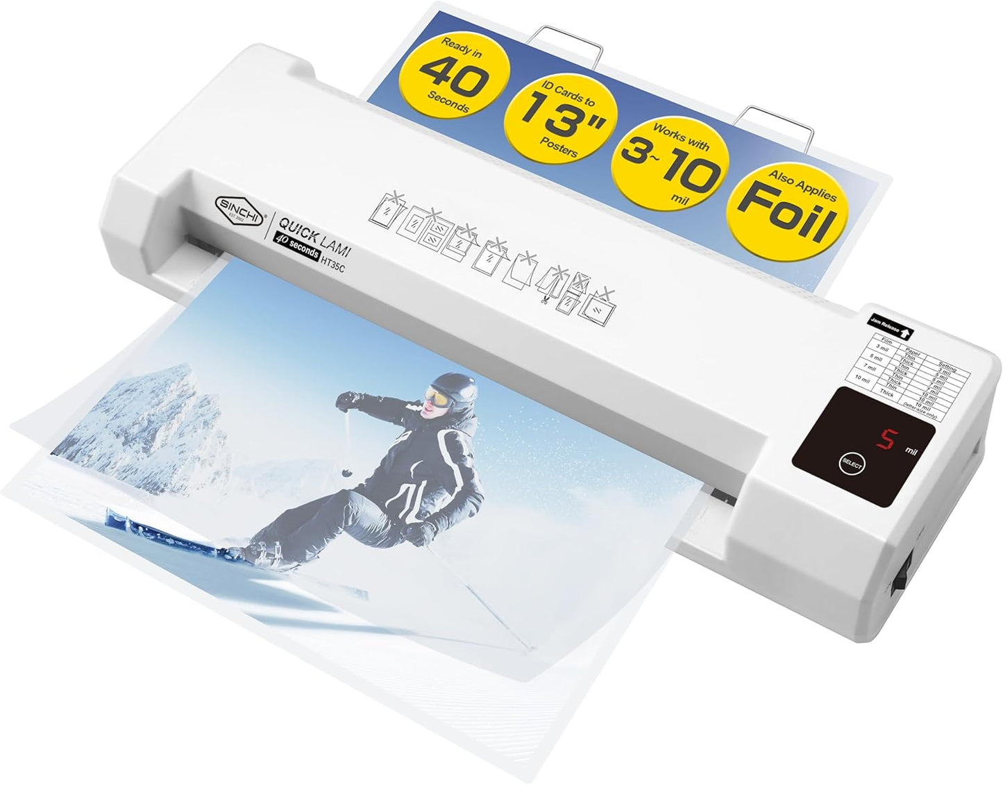 SINCHI 3–10 Mil Thermal Laminator & Foil Applicator – 13-Inch, 2-Large-Roller, 40s Warm-Up, 50s/Page, LED Touch Panel, Jam Release, Auto Shut-Off, 10 Sheets Included – for Office, School & Home Use