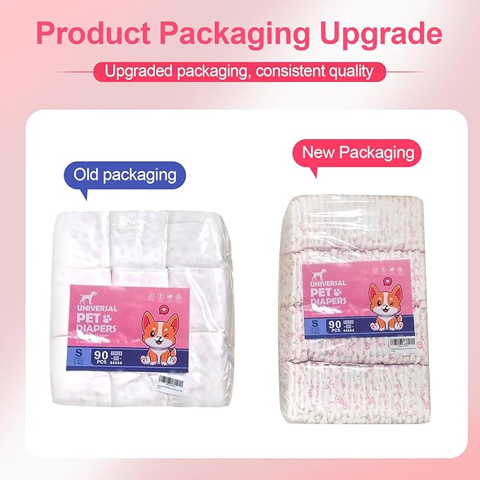 Disposable Dog Diapers Female 90 Count Doggie Diapers for Female Dogs (Waist 10-16.5 in S) Super Absorbent Small Doggie Diapers for Heat Excitable Urination or Incontinence - Pink