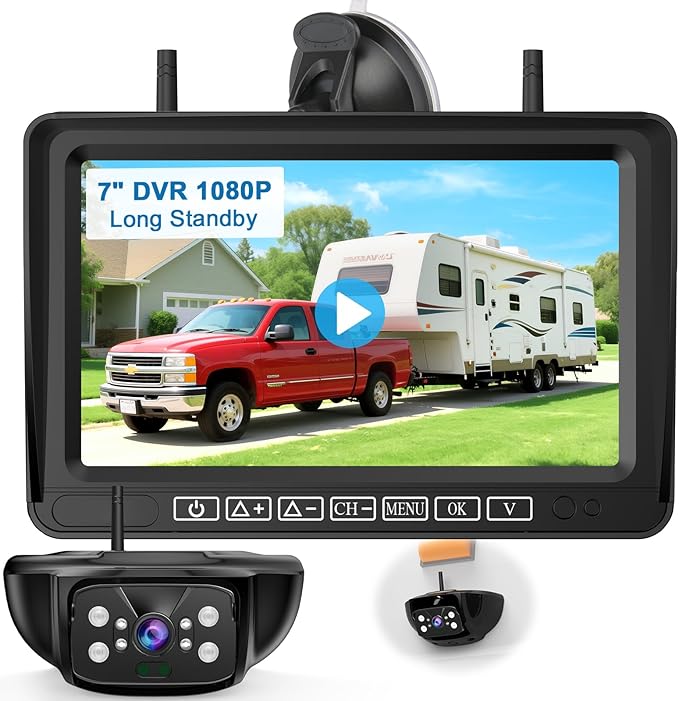 7-Inch Wireless Backup Camera for RV Trailer - HD 1080P Monitor, Night Vision, IP69 Waterproof, Easy Installation Compatible with Furrion, Split Screen 4 Channels Y31