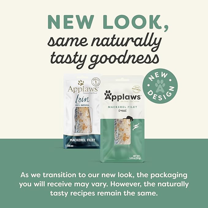 Applaws Natural Cat Treats, Grain-Free, High-Protein Whole Mackerel Loins, Single-Ingredient Healthy Snack for Cats (12 x 1.06 oz Loins)