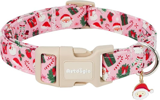 Christmas Dog Collar, Soft Winter Dog Collars for Large Dogs with Santa & Snowman Design, Cute Pink Christmas Collars for Dogs, Festive Holiday Dog Collar for Girl Boy Dogs Gift-L