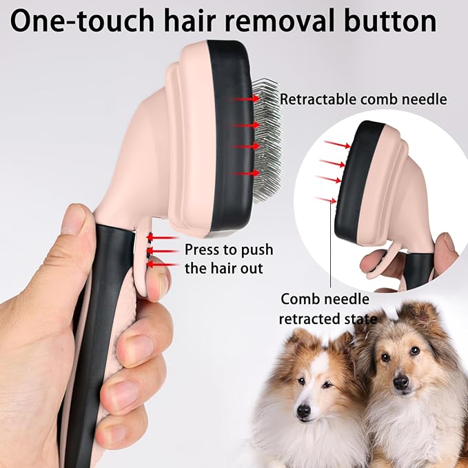 Skin-Friendly Grooming and Deshedding Brush for Dogs, Cats, and Puppies - Self-Cleaning, Easy to Use (Pink)